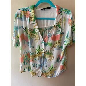 Zara Tropical Button Up Collared Blouse Size S